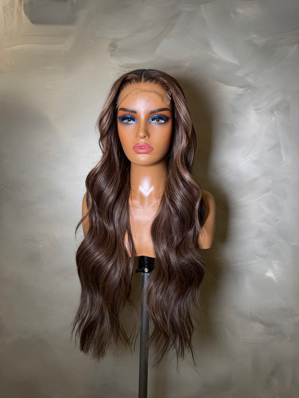 Brown wig on a mannequin head against a plain background, Caramel Balayage, chocolate brown HD 5x5 glueless closure wig