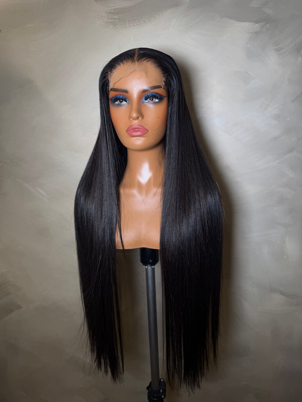 Jet Black Glueless Human Hair Wig 26–28 Inch HD Closure